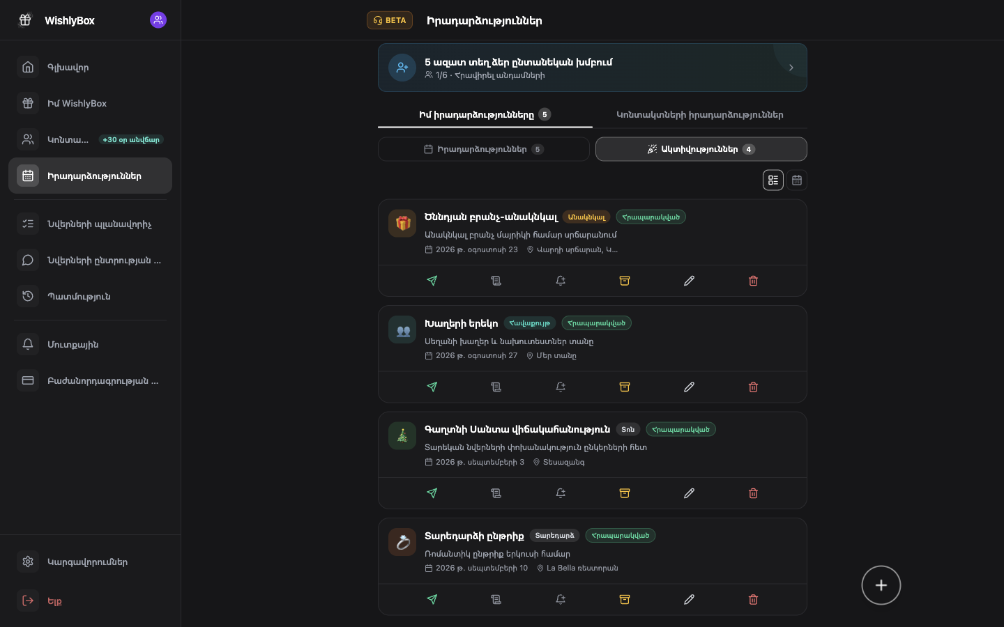 WishlyBox Ակտիվություններ