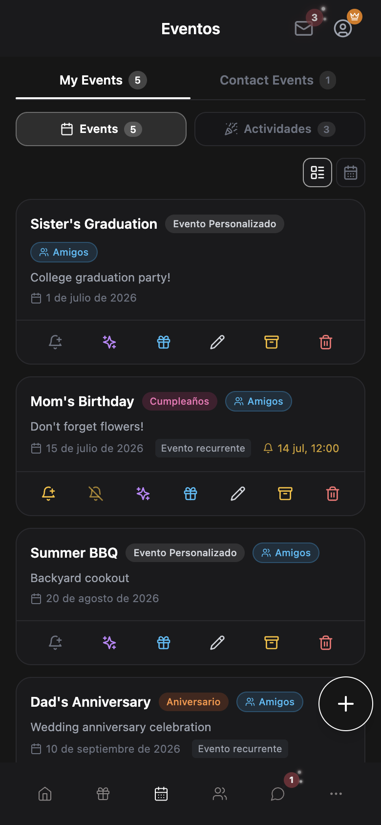 WishlyBox mobile Calendario