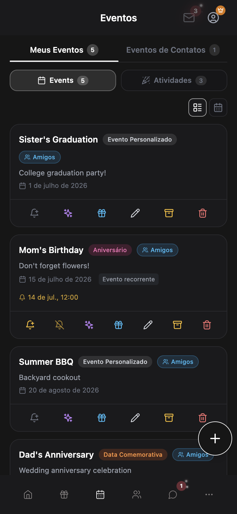 WishlyBox mobile Calendário