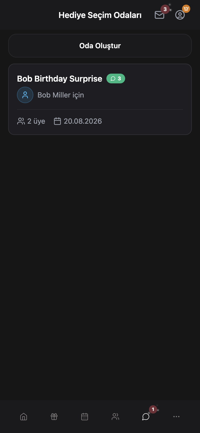WishlyBox mobile Hediye Odaları